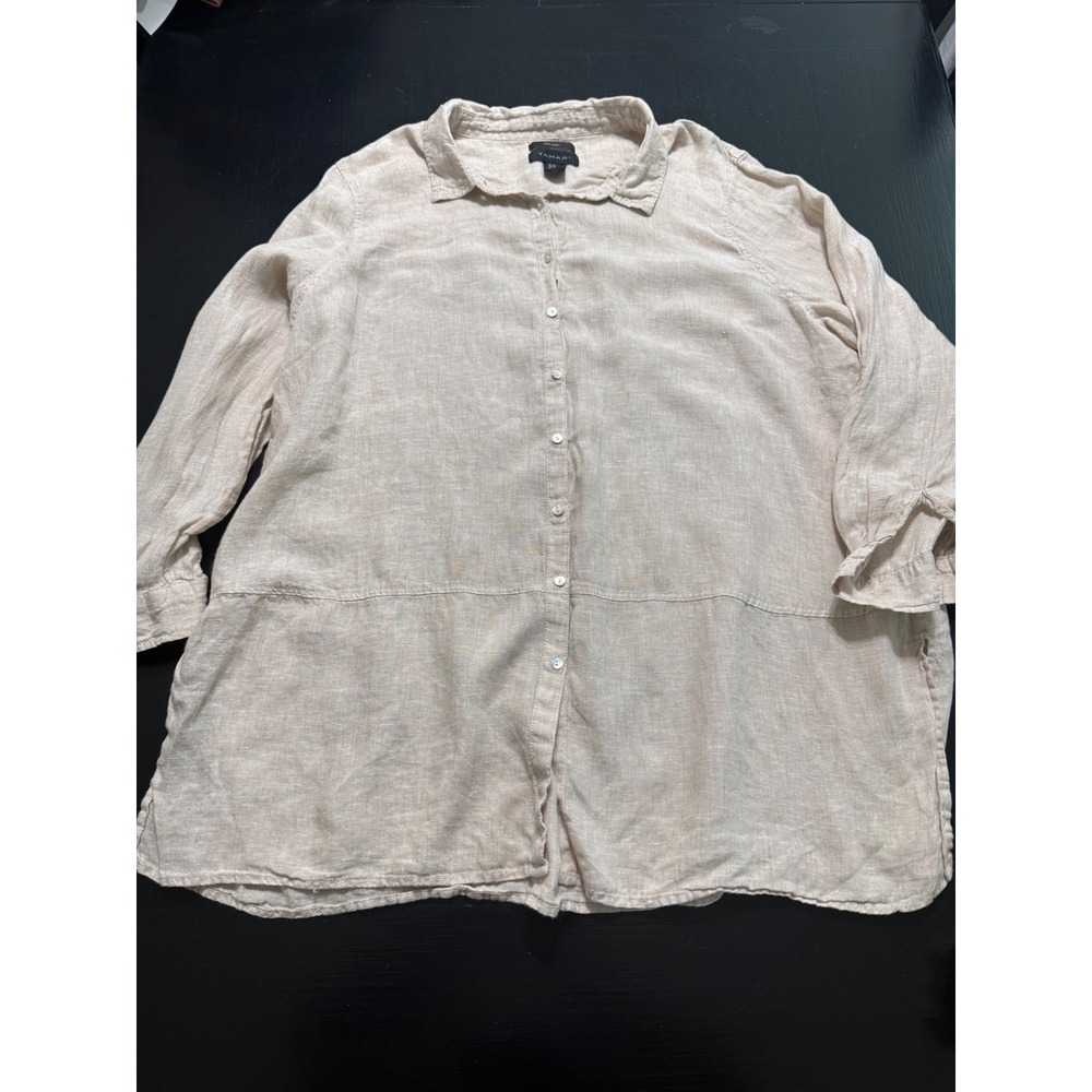 Tahari Womens 2X 100% Linen Button Down Tunic Top Oatmeal Beige Long Sleeve